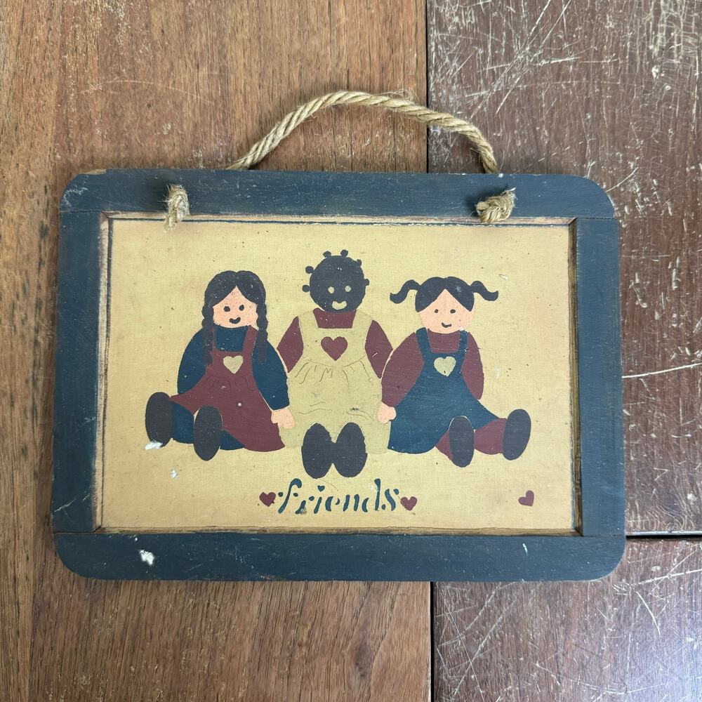 Vintage Primitive Folk Art Friends‎ Wooden Slate Wall Hanging Made in Portugal